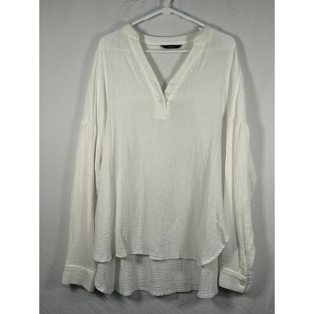 Dokotoo Gauze Tunic Women XL White Cotton V-Neck Long Sleeve Side Slits